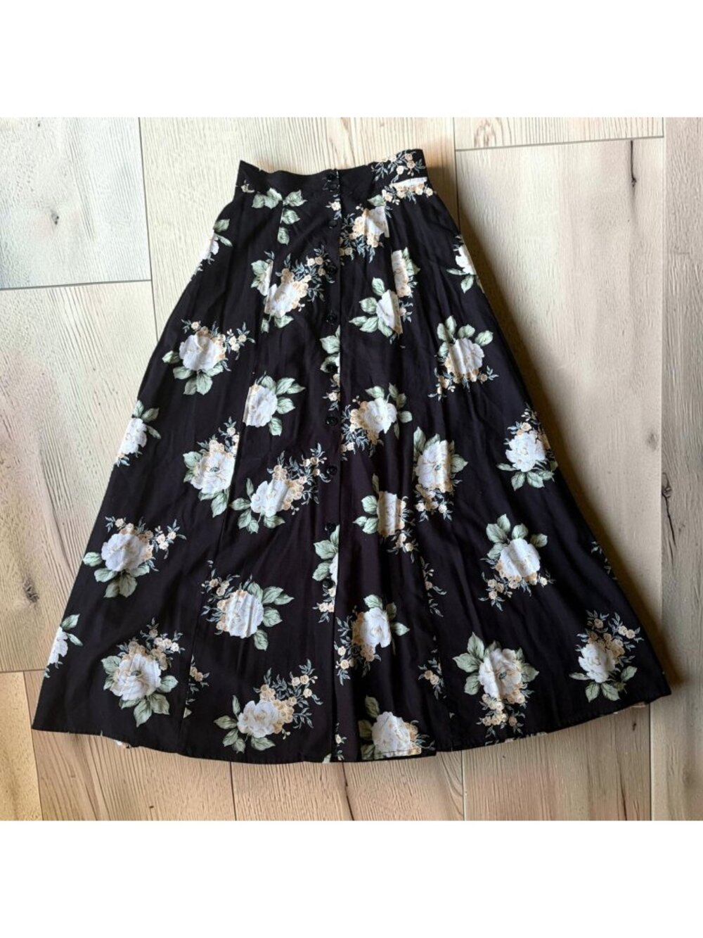 Vtg 90s Byer Black Floral Button Front A-line Midi Skirt Preppy Cottagecore XS/S
